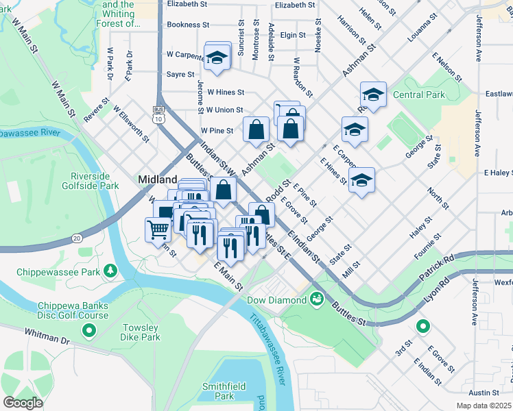 map of restaurants, bars, coffee shops, grocery stores, and more near 201-299 Buttles Street East in Midland