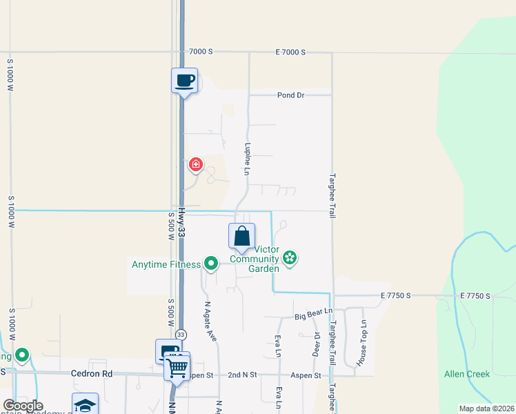 map of restaurants, bars, coffee shops, grocery stores, and more near 7527 Lupine Lane in Victor