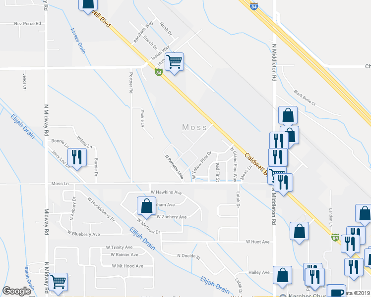 map of restaurants, bars, coffee shops, grocery stores, and more near 11399 West Pamelas Lane in Nampa