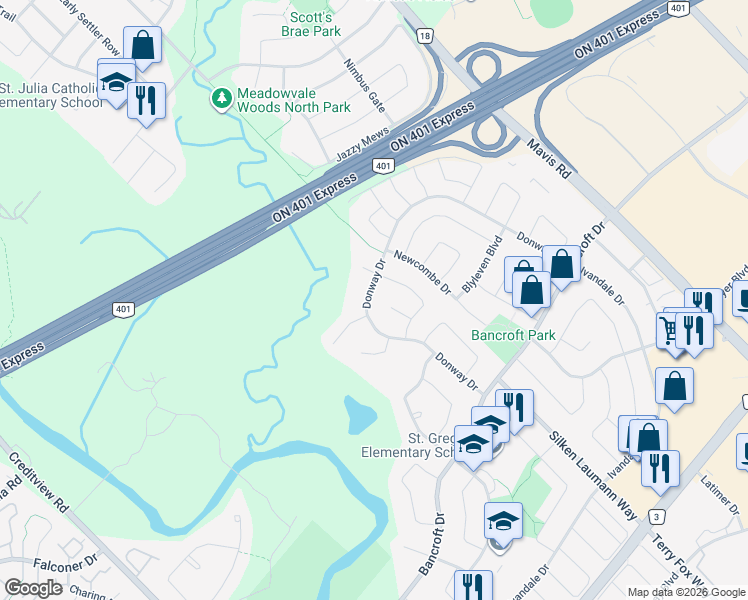 map of restaurants, bars, coffee shops, grocery stores, and more near 6403 Donway Drive in Mississauga