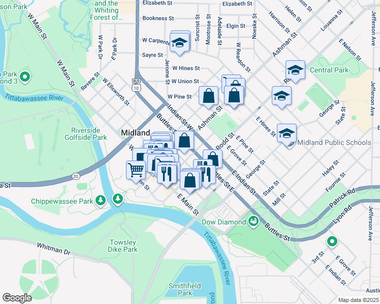 map of restaurants, bars, coffee shops, grocery stores, and more near 311 McDonald Street in Midland