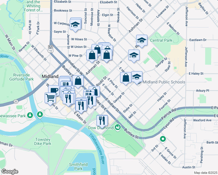 map of restaurants, bars, coffee shops, grocery stores, and more near 602 Townsend Street in Midland