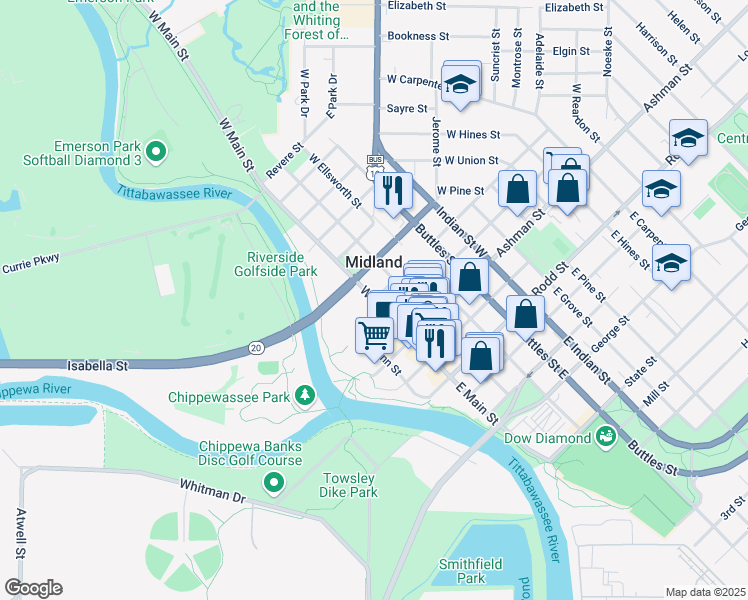 map of restaurants, bars, coffee shops, grocery stores, and more near 301 West Main Street in Midland