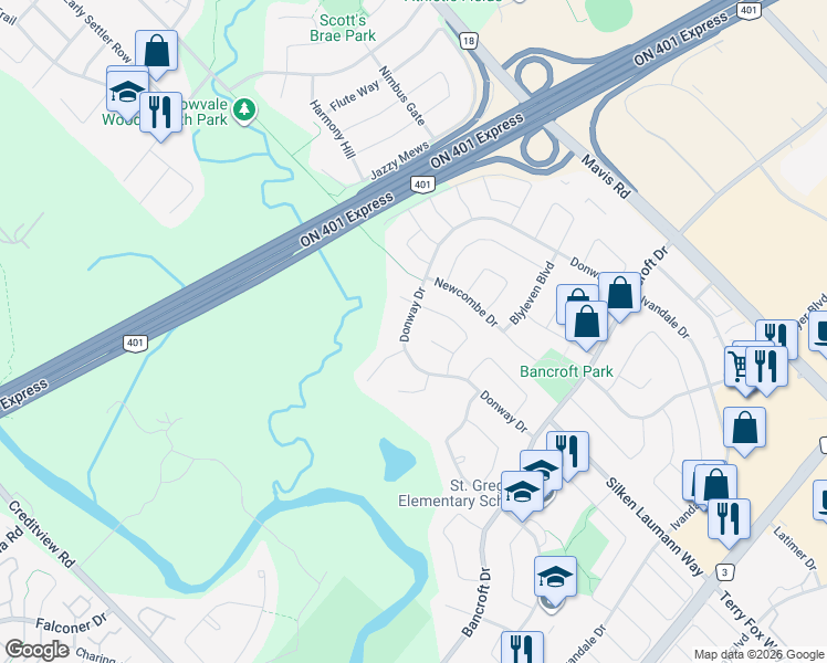 map of restaurants, bars, coffee shops, grocery stores, and more near 6421 Donway Drive in Mississauga