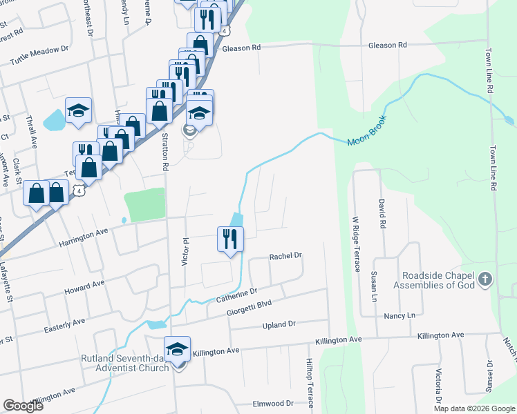 map of restaurants, bars, coffee shops, grocery stores, and more near 6 Charter Hill Drive in Rutland