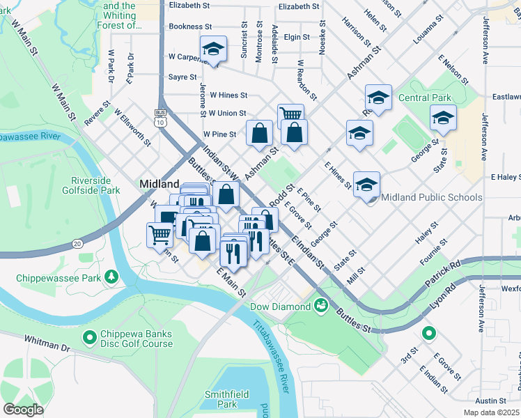 map of restaurants, bars, coffee shops, grocery stores, and more near 201-299 Buttles Street East in Midland