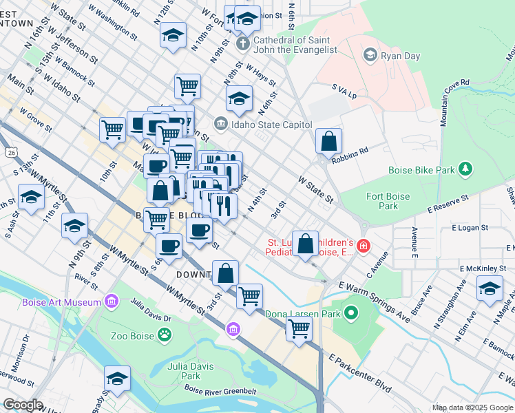 map of restaurants, bars, coffee shops, grocery stores, and more near 200 North 4th Street in Boise