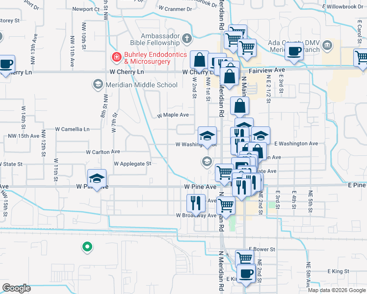 map of restaurants, bars, coffee shops, grocery stores, and more near 303 West Washington Street in Meridian