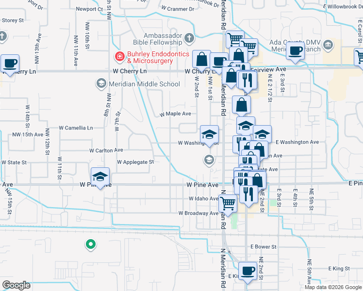 map of restaurants, bars, coffee shops, grocery stores, and more near 303 West Washington Street in Meridian