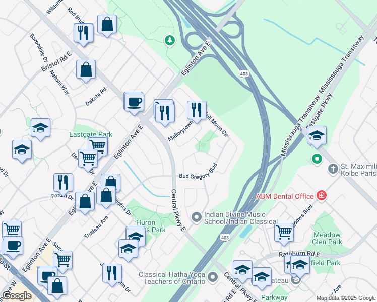 map of restaurants, bars, coffee shops, grocery stores, and more near 469 Camden Circle in Mississauga