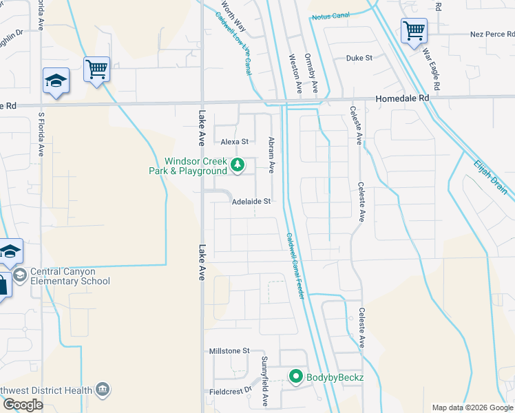 map of restaurants, bars, coffee shops, grocery stores, and more near 12807 Adelaide Street in Caldwell