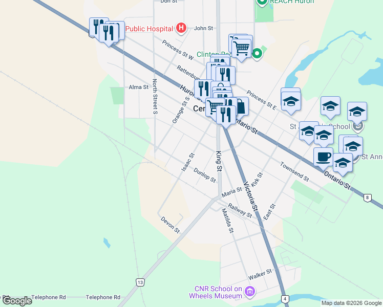 map of restaurants, bars, coffee shops, grocery stores, and more near 118 Isaac Street in Central Huron