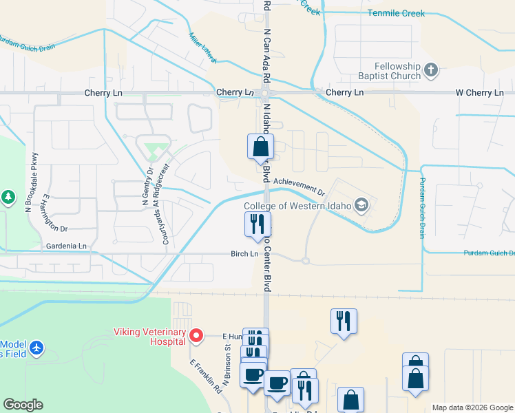 map of restaurants, bars, coffee shops, grocery stores, and more near 16635 North Idaho Center Boulevard in Nampa