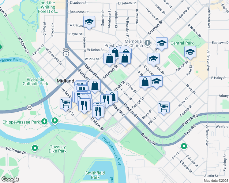 map of restaurants, bars, coffee shops, grocery stores, and more near 301 East Indian Street in Midland