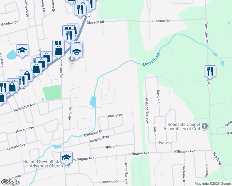 map of restaurants, bars, coffee shops, grocery stores, and more near 1 Ridgewood Lane in Rutland