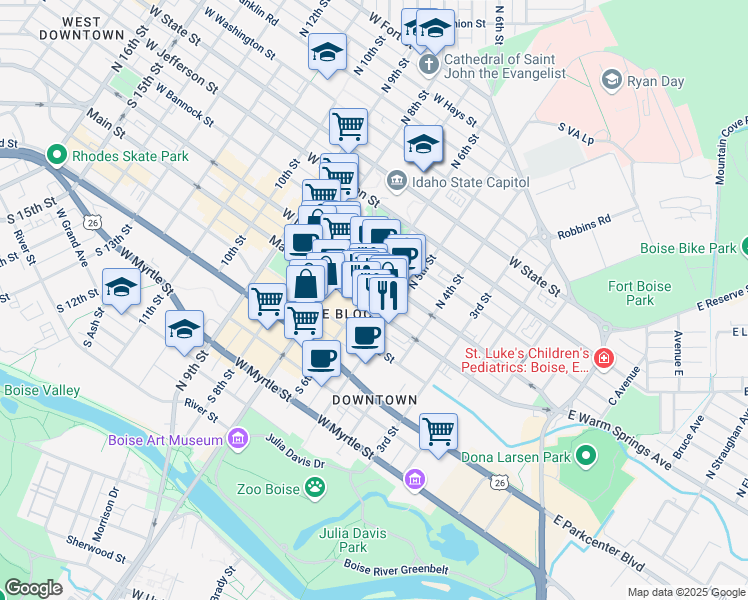 map of restaurants, bars, coffee shops, grocery stores, and more near 507 Main Street in Boise