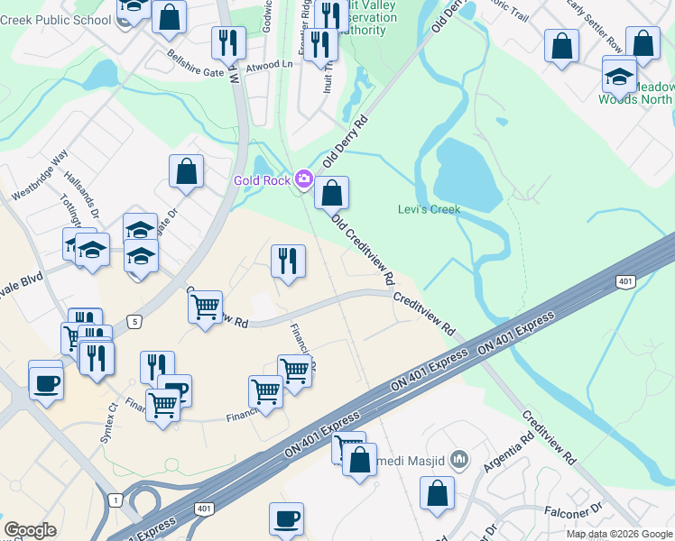 map of restaurants, bars, coffee shops, grocery stores, and more near 1427 Spring Garden Court in Mississauga