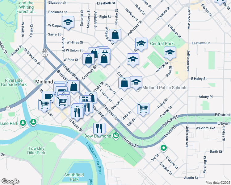 map of restaurants, bars, coffee shops, grocery stores, and more near 500 East Pine Street in Midland