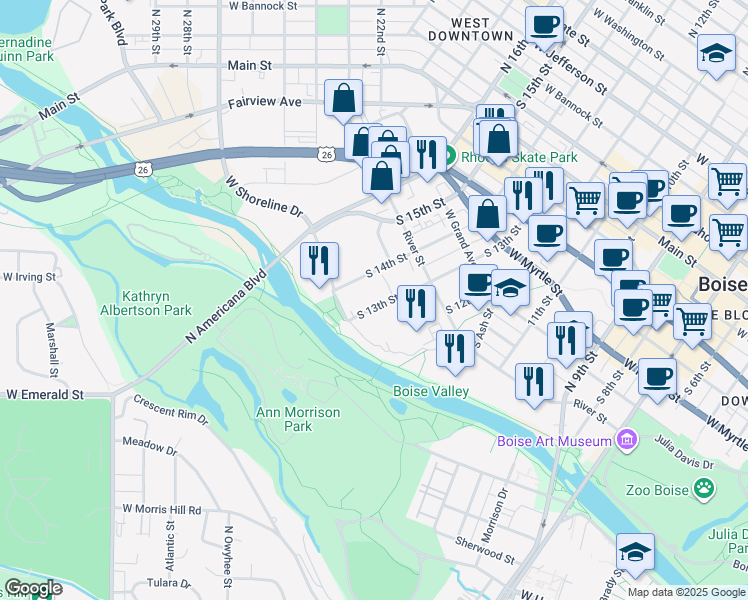 map of restaurants, bars, coffee shops, grocery stores, and more near in Boise