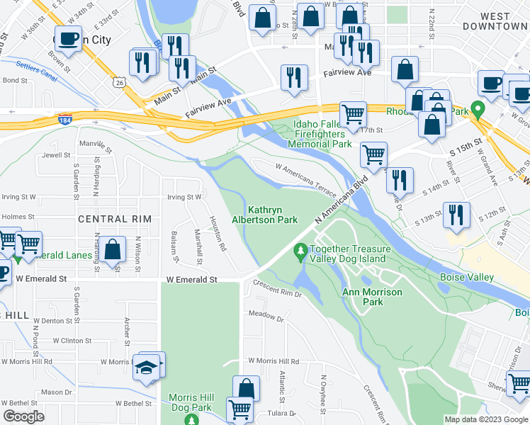 map of restaurants, bars, coffee shops, grocery stores, and more near 1001 South Americana Boulevard in Boise