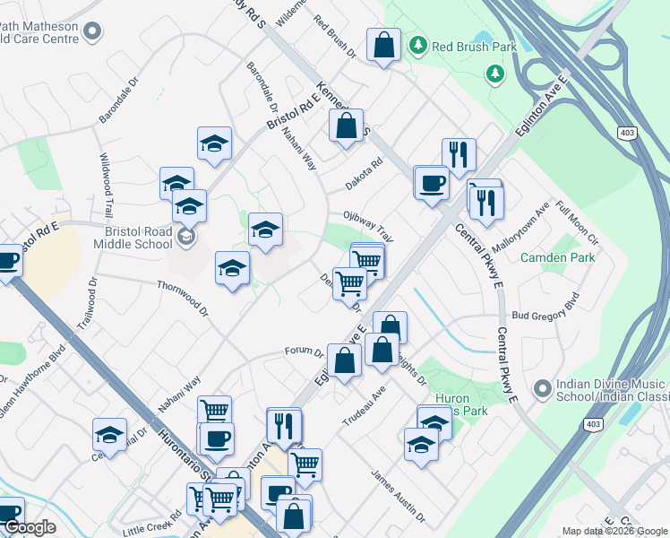map of restaurants, bars, coffee shops, grocery stores, and more near 300 Canital Court in Mississauga
