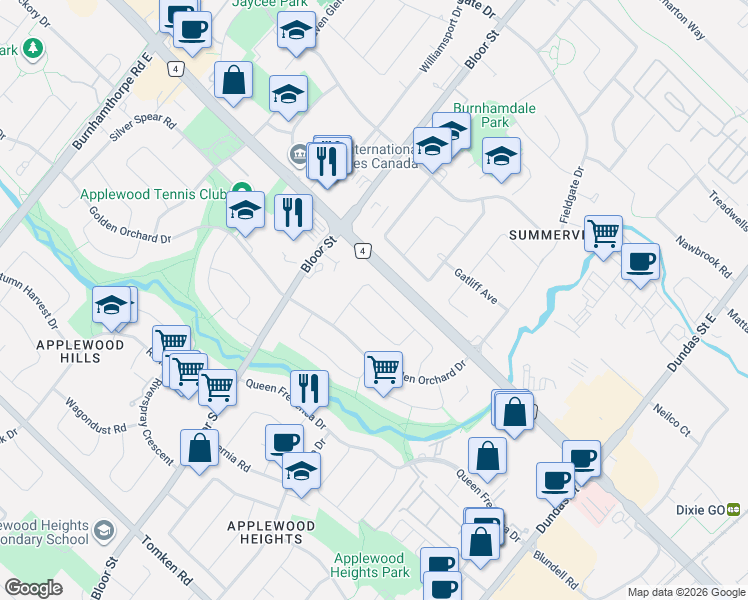 map of restaurants, bars, coffee shops, grocery stores, and more near 3295 Cindy Crescent in Mississauga