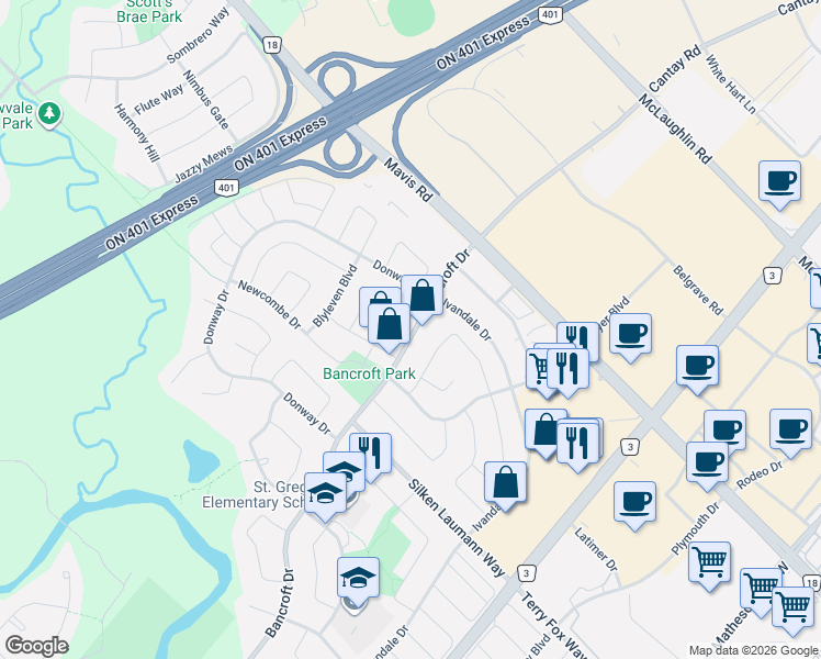 map of restaurants, bars, coffee shops, grocery stores, and more near 889 Bancroft Drive in Mississauga