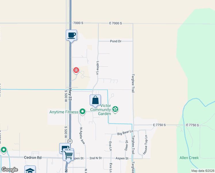 map of restaurants, bars, coffee shops, grocery stores, and more near 7552 Mountain Laurel Drive in Victor