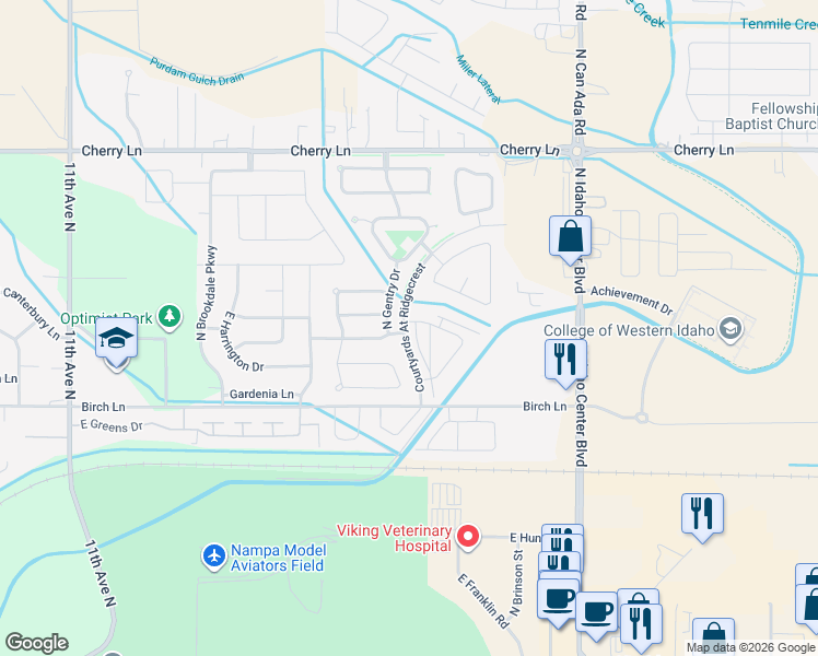map of restaurants, bars, coffee shops, grocery stores, and more near 16593 North Amtrust Street in Nampa