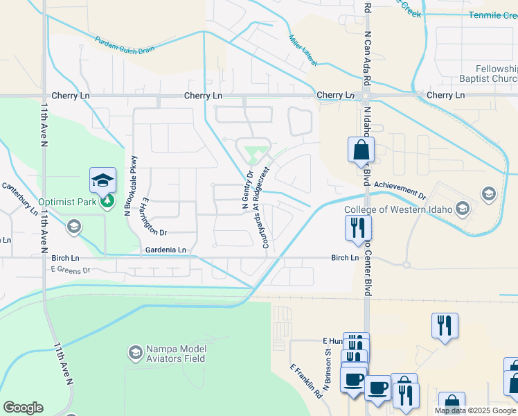 map of restaurants, bars, coffee shops, grocery stores, and more near 16690 North Amtrust Street in Nampa