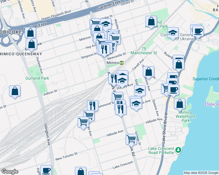 map of restaurants, bars, coffee shops, grocery stores, and more near 268 Royal York Road in Toronto