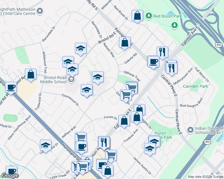 map of restaurants, bars, coffee shops, grocery stores, and more near 272 Nahani Way in Mississauga