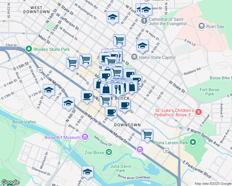 map of restaurants, bars, coffee shops, grocery stores, and more near 117 South 6th Street in Boise
