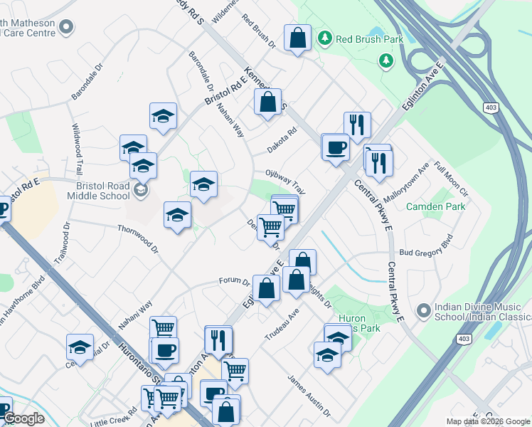 map of restaurants, bars, coffee shops, grocery stores, and more near 300 Canital Court in Mississauga