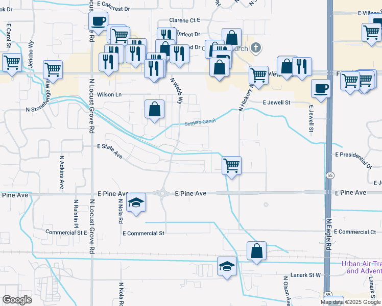map of restaurants, bars, coffee shops, grocery stores, and more near 2425 East State Avenue in Meridian