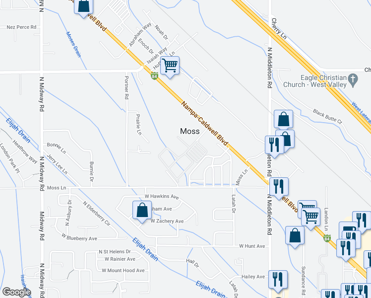 map of restaurants, bars, coffee shops, grocery stores, and more near 11399 West Pamelas Lane in Nampa