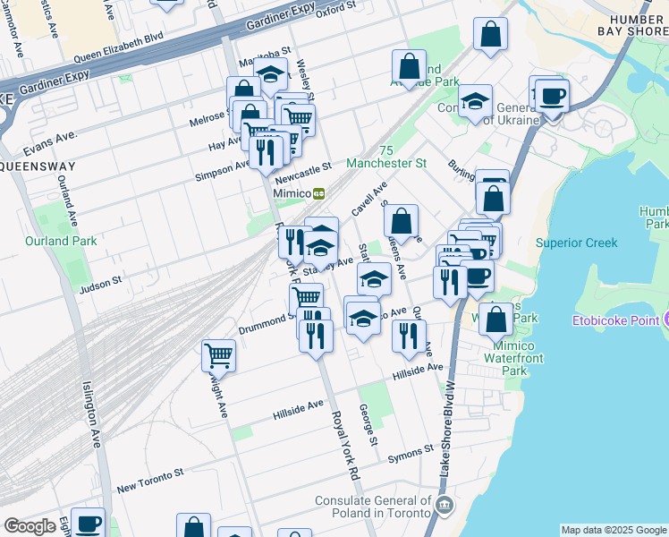 map of restaurants, bars, coffee shops, grocery stores, and more near in Toronto