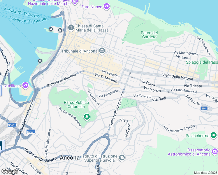 map of restaurants, bars, coffee shops, grocery stores, and more near 35 Via Redipuglia in Ancona