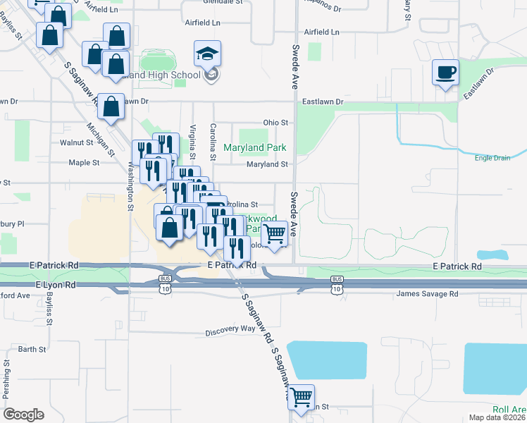 map of restaurants, bars, coffee shops, grocery stores, and more near 1416 Iowa Street in Midland