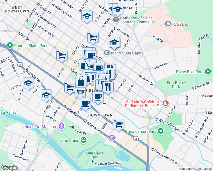 map of restaurants, bars, coffee shops, grocery stores, and more near 505 West Idaho Street in Boise