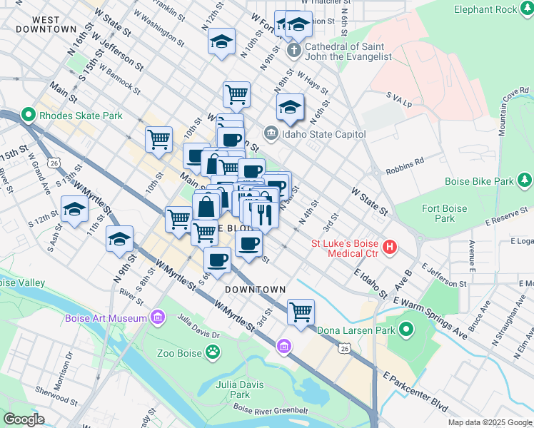 map of restaurants, bars, coffee shops, grocery stores, and more near 505 West Idaho Street in Boise