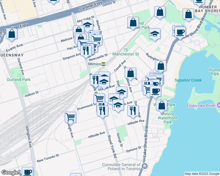 map of restaurants, bars, coffee shops, grocery stores, and more near 155 Stanley Avenue in Toronto