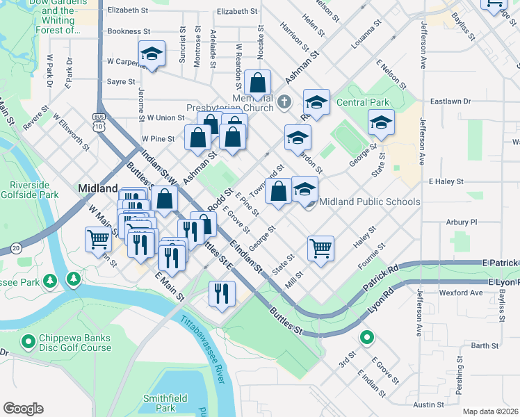 map of restaurants, bars, coffee shops, grocery stores, and more near 500 East Pine Street in Midland