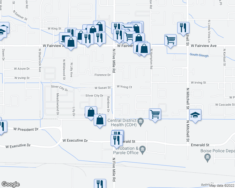 map of restaurants, bars, coffee shops, grocery stores, and more near 155 Silver City Drive in Boise