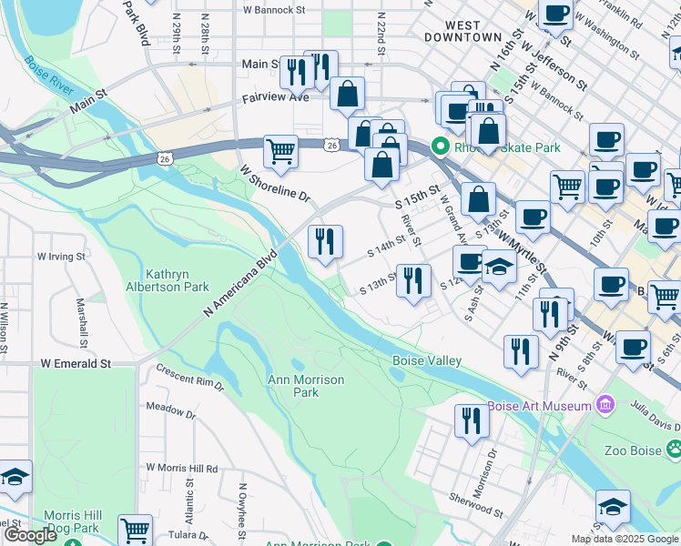 map of restaurants, bars, coffee shops, grocery stores, and more near Boise River Greenbelt in Boise