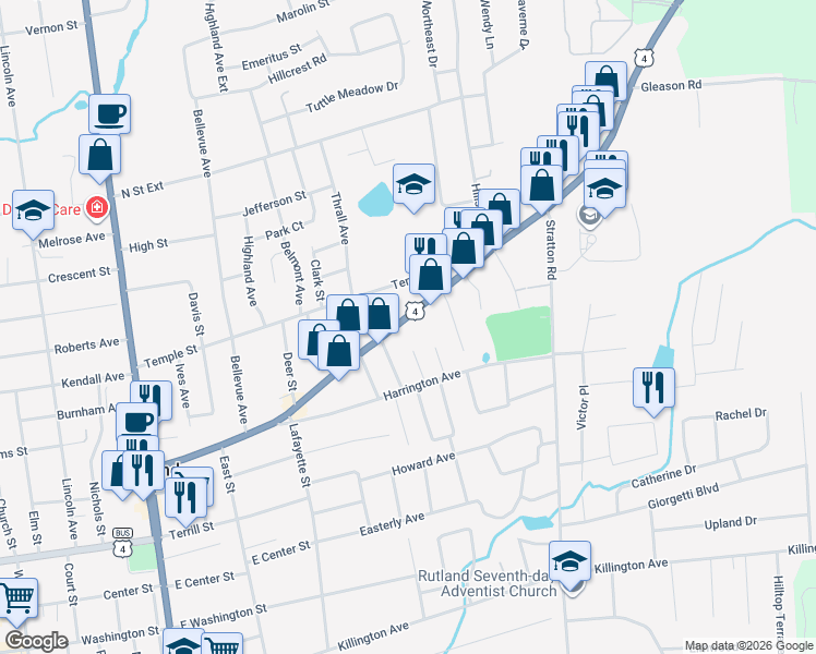 map of restaurants, bars, coffee shops, grocery stores, and more near 122 Woodstock Avenue in Rutland