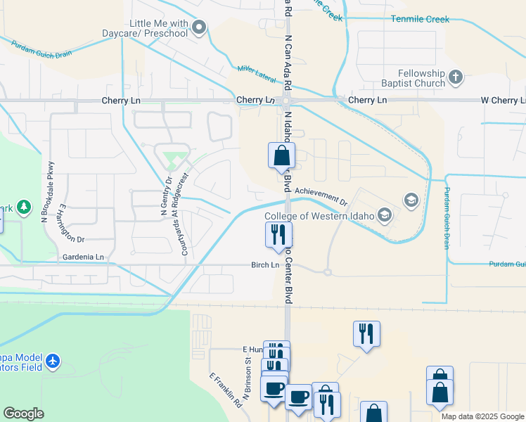 map of restaurants, bars, coffee shops, grocery stores, and more near 6042 Birch Lane in Nampa