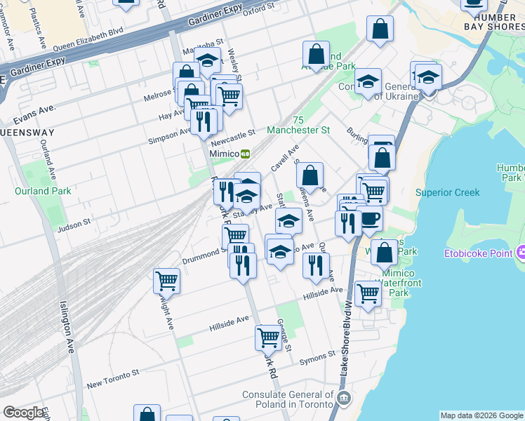 map of restaurants, bars, coffee shops, grocery stores, and more near in Toronto