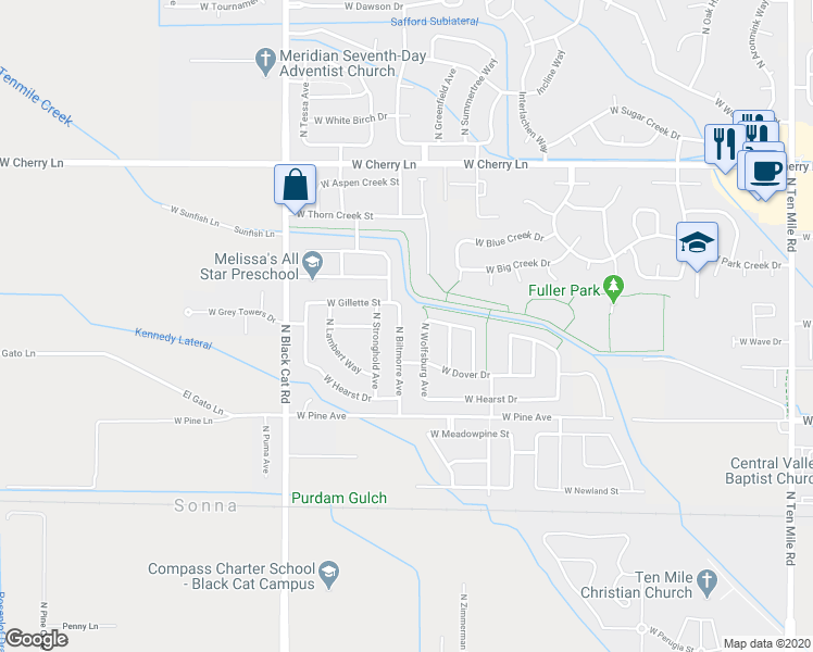 map of restaurants, bars, coffee shops, grocery stores, and more near 1086 North Biltmore Avenue in Meridian