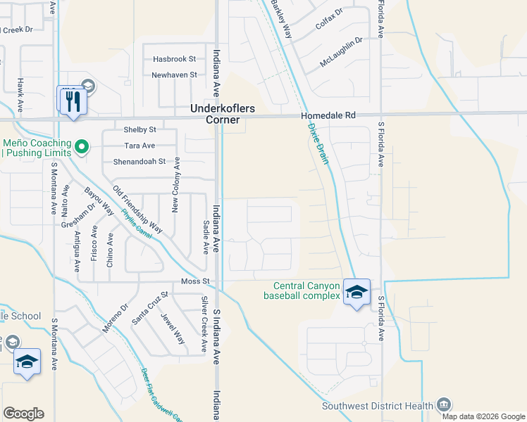 map of restaurants, bars, coffee shops, grocery stores, and more near 13865 Mariposa Street in Caldwell